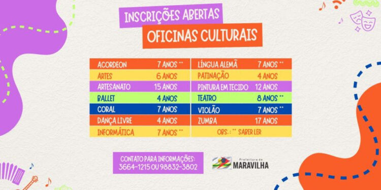 Departamento de Cultura abre inscrições para as 13 oficinas culturais gratuitas