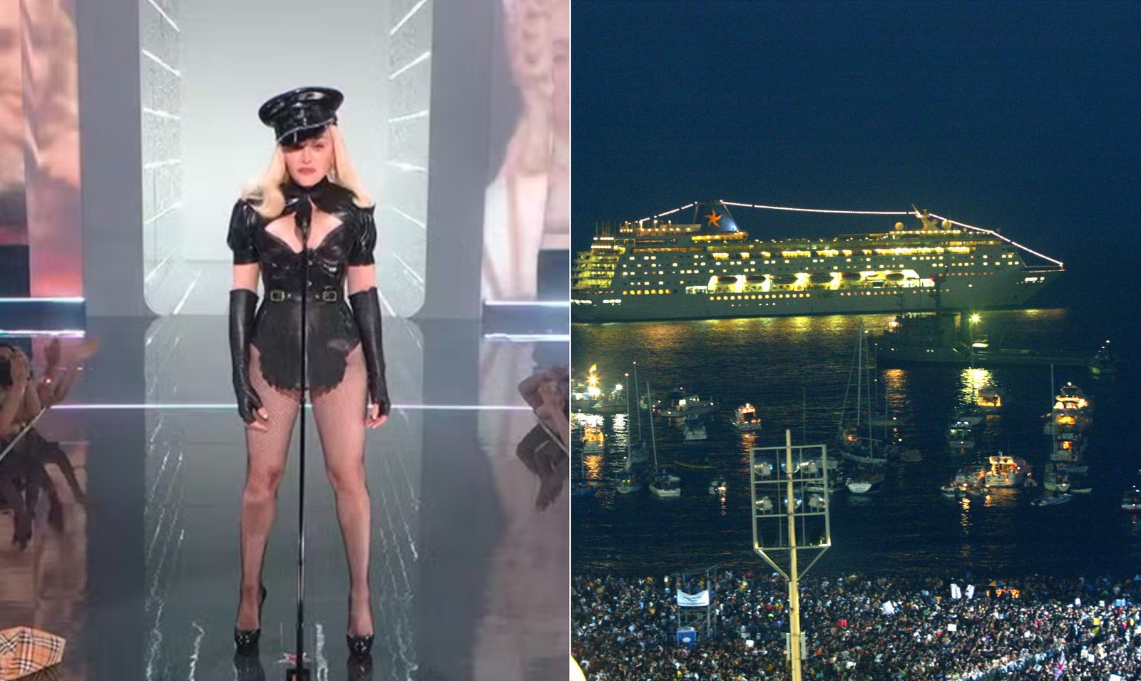 Fãs já se organizam para alugar embarcações para ver a apresentação da cantora Madonna — Foto: Reprodução e foto de arquivo