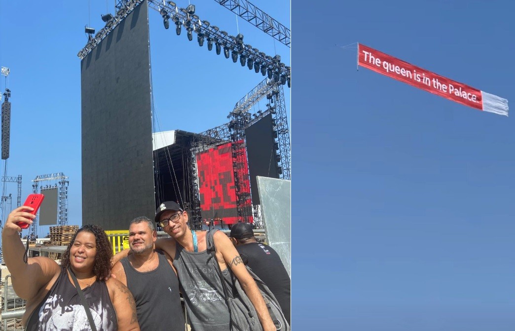 Fãs de Madonna 'tietam' palco onde Madonna se apresentará; no céu, faixa anuncia chegada da cantora ao Copacabana Palace — Foto: Thayná Rodrigues e Reprodução/Twitter