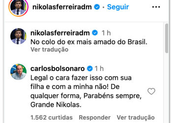 Bolsonaro posa com bebê de Nikolas Ferreira e Carlos reclama