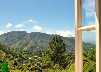 Window open overlooking lush mountains adorned with red flowers and blue skies