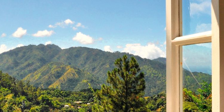 Window open overlooking lush mountains adorned with red flowers and blue skies