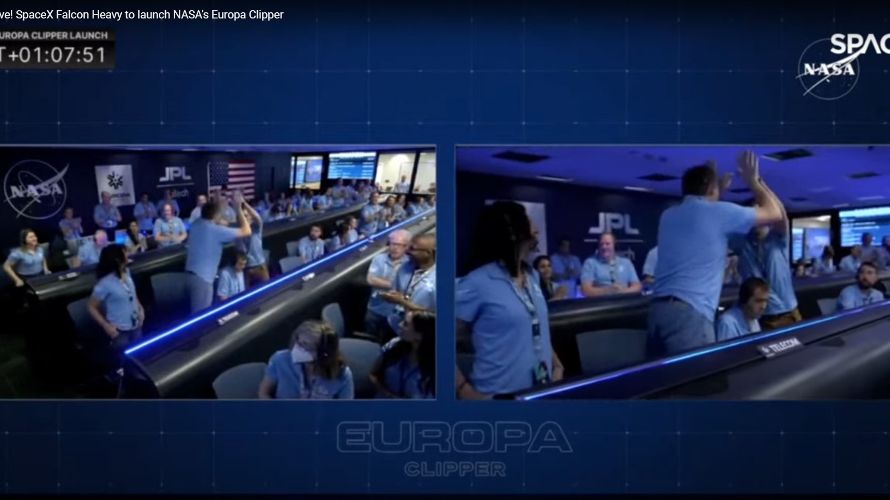 NASA's Europa Clipper team celebrates with high fives in flight operations center