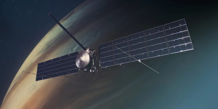 illustration of a spacecraft with large solar arrays near jupiter