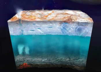 An artist's concept depicts what Europa's internal structure could look like: an outer shell made of ice from which plumes of particles may erupt; a deep, global ocean of liquid water; and a rocky interior, potentially with hydrothermal vents on the seafloor.