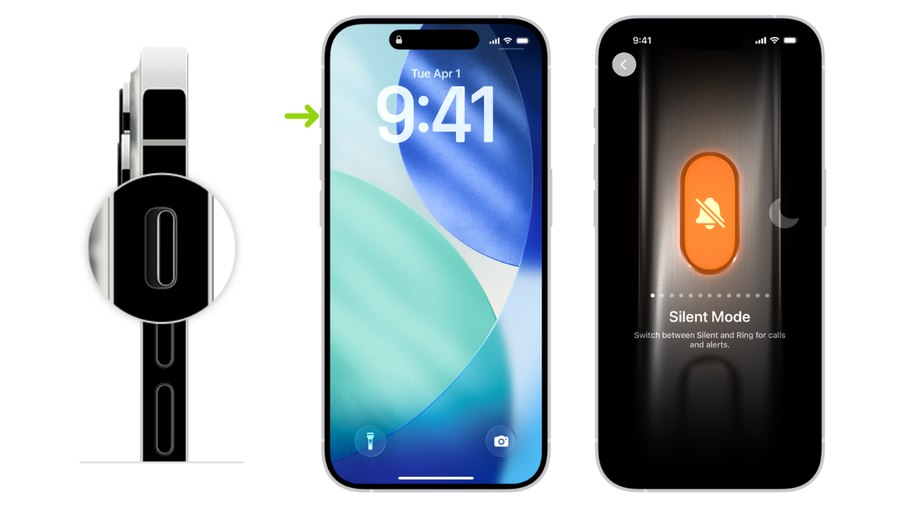 iPhones mais antigos possuem um botão laranja na lateral para ativar ou desativar o modo silencioso, enquanto modelos mais novos possuem um botão de Ação personalizável iPhones mais antigos possuem um botão laranja na lateral para ativar ou desativar o modo silencioso, enquanto modelos mais novos possuem um botão de Ação personalizável