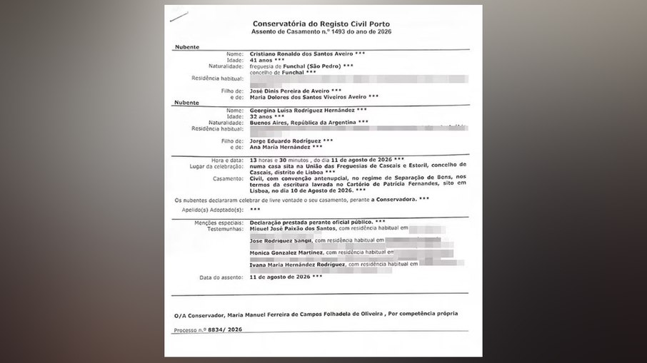 A certidão de casamento de Cristiano Ronaldo e Georgina Rodríguez. A certidão de casamento de Cristiano Ronaldo e Georgina Rodríguez.