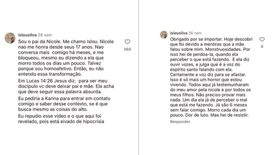 Print das redes sociais com comentário de Islou Silva