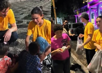 Bruna Marquezine e Shawn Mendes distribuem marmitas nas ruas do Rio de Janeiro