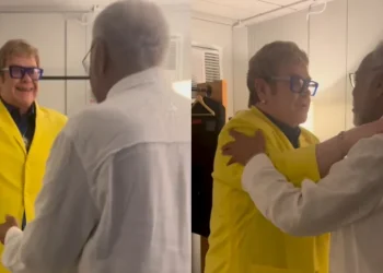 Gilberto Gil e Elton John se encontram nos bastidores do Rock in Rio e trocam elogios