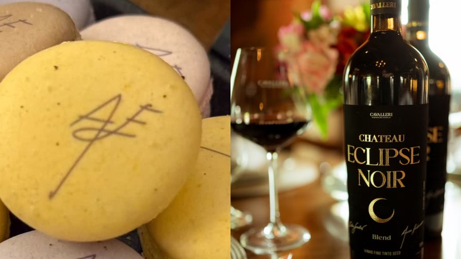 O casamento contou com doces personalizados e vinho exclusivo.